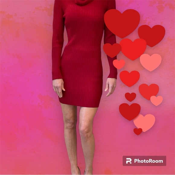 None Dresses & Skirts - Valentine Red Sweater Dress Bodycon Fit Long Sleeve, Cow Neck, Short Length Sz S